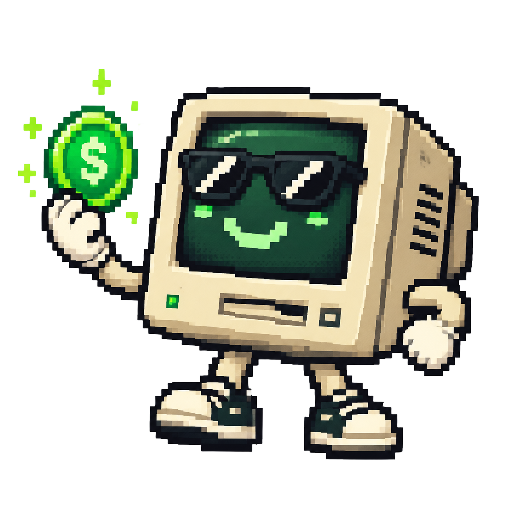 BOOTUP mascot, a retro computer with sunglasses holding a coin